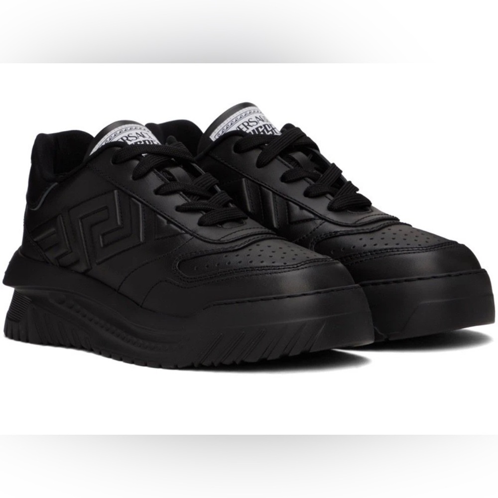 NIB Versace Odessa Black Greca Greek Key Logo Leather Low Top Sneakers 39.5